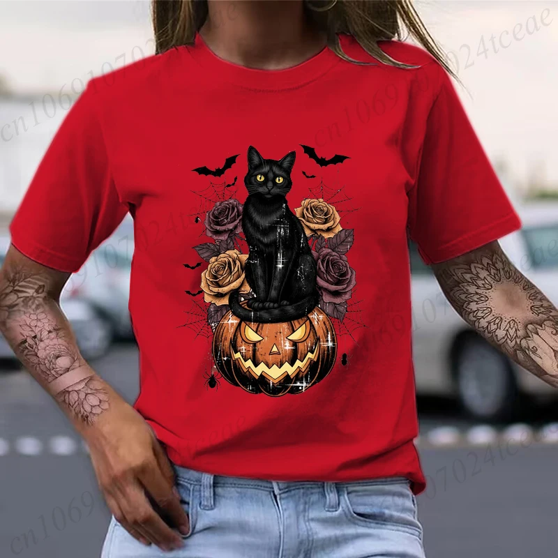 Halloween crânio arco abóbora camisa engraçado retro gato preto camisetas temporada assustadora gráfico t camisa para mulher manga curta topos