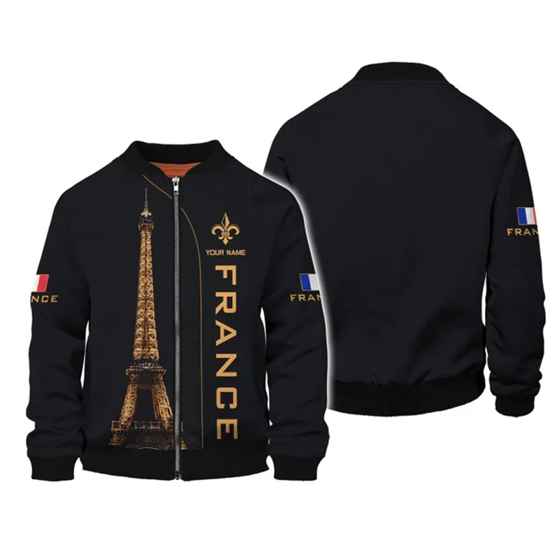 Spring Autumn Mens Zip Jacket Coat France Eiffel Tower Graphic Jackets Fashion Casual Oversized Coats Chamarras Para Hombre