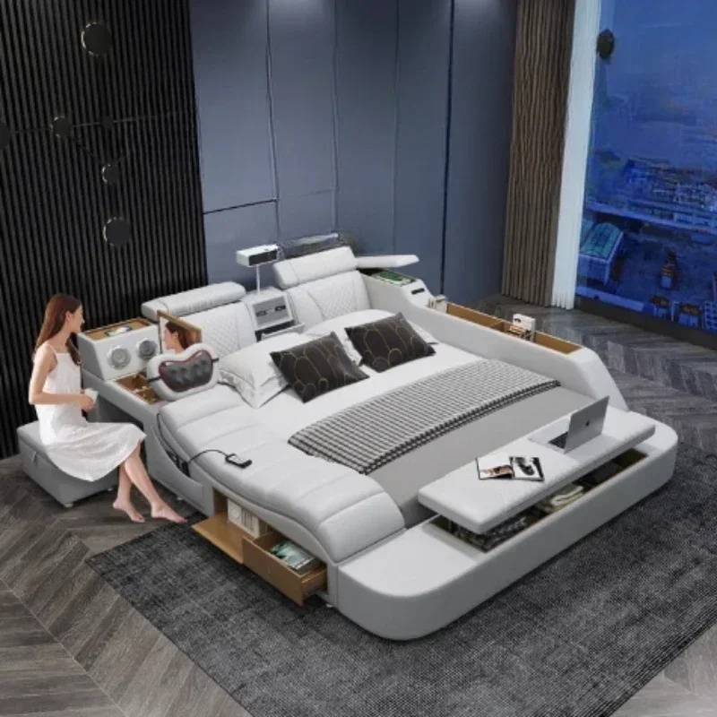 Gamer Massage Tatami Leather Bed Bedroom Lazy Double Bed Modern Simple Wedding With Projector STravel Muebles Trendy Furniture