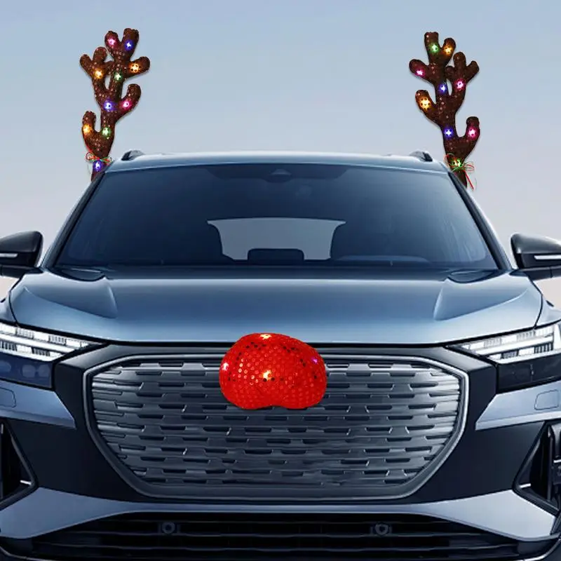 Car Reindeer Antlers and Nose Window Roof and Grille Rudolph Reindeer Jingle Bells Christmas Costume Accessories Decoration Kit