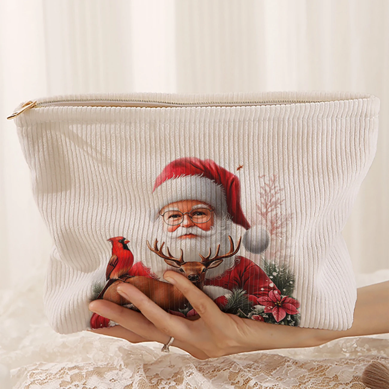 1 Christmas themed corduroy makeup bag, lightweight zipper makeup storage box, multifunctional bag with lining