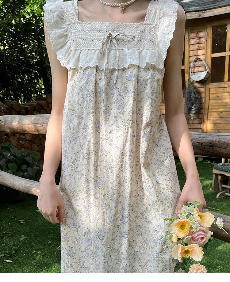 

Japanese sweet floral cotton pajamas women's summer next door girl feeling sling cotton nightdress home service