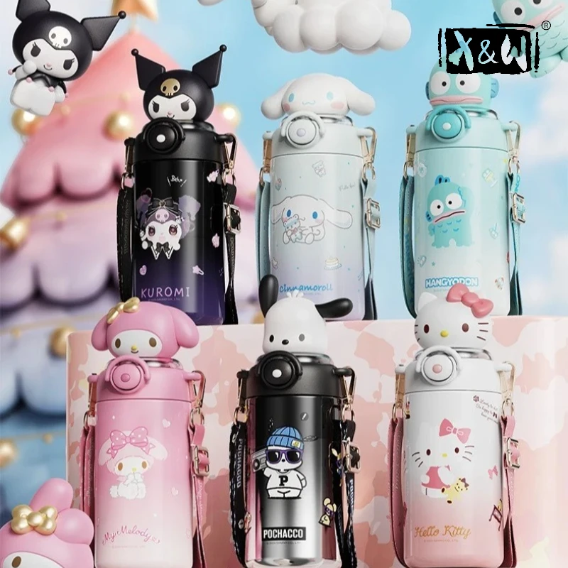 X&W 600mL Sanrio Series Doll Head Thermos Cup 316/304+PP Pop Up Straw Cup Wiith Carrying Rope WaterBottles Birthday Present