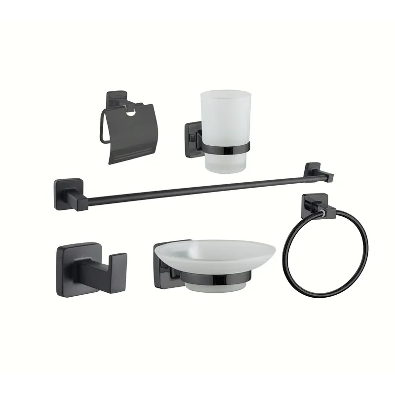 Modern Chrome Plated Wall Mounted Bathroom Hardware Set Black Metal Toilet Paper Holder Accessories