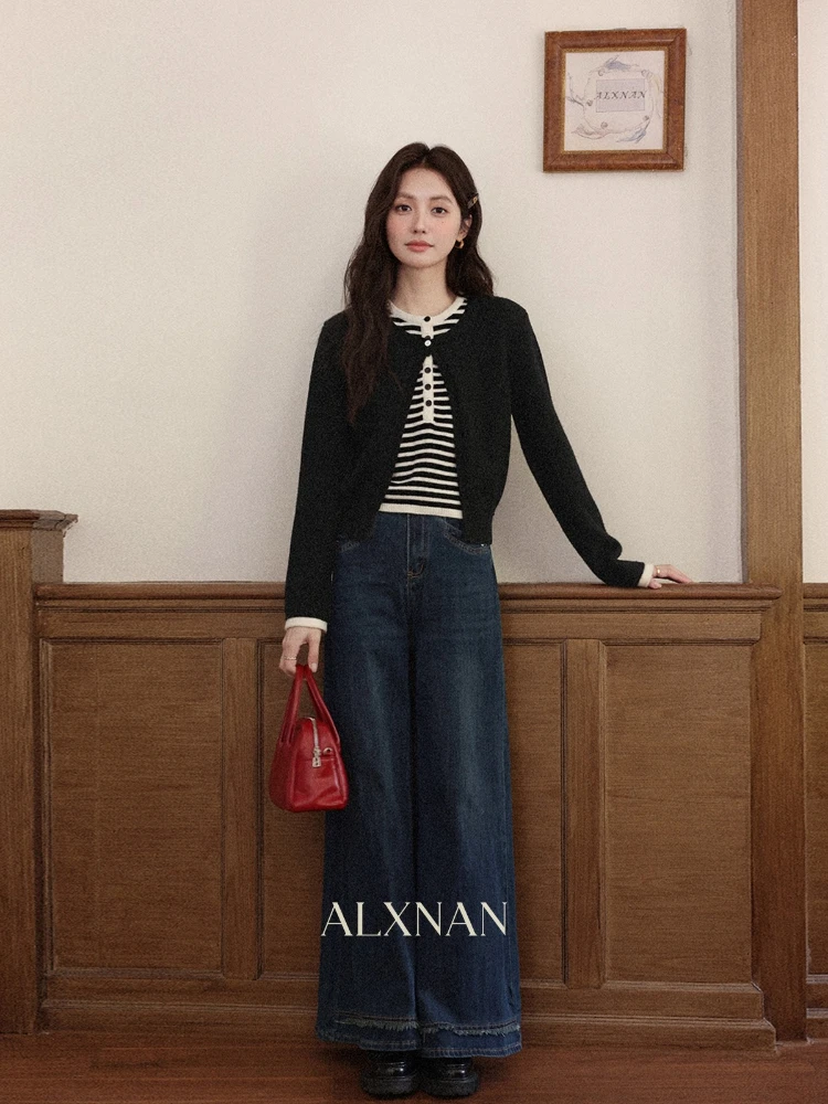 

ALXNAN Knitted Pullover Striped Panel False Two-piece Button Women's Top New Casual Versatile Long Sleeve Female Clothing L57282