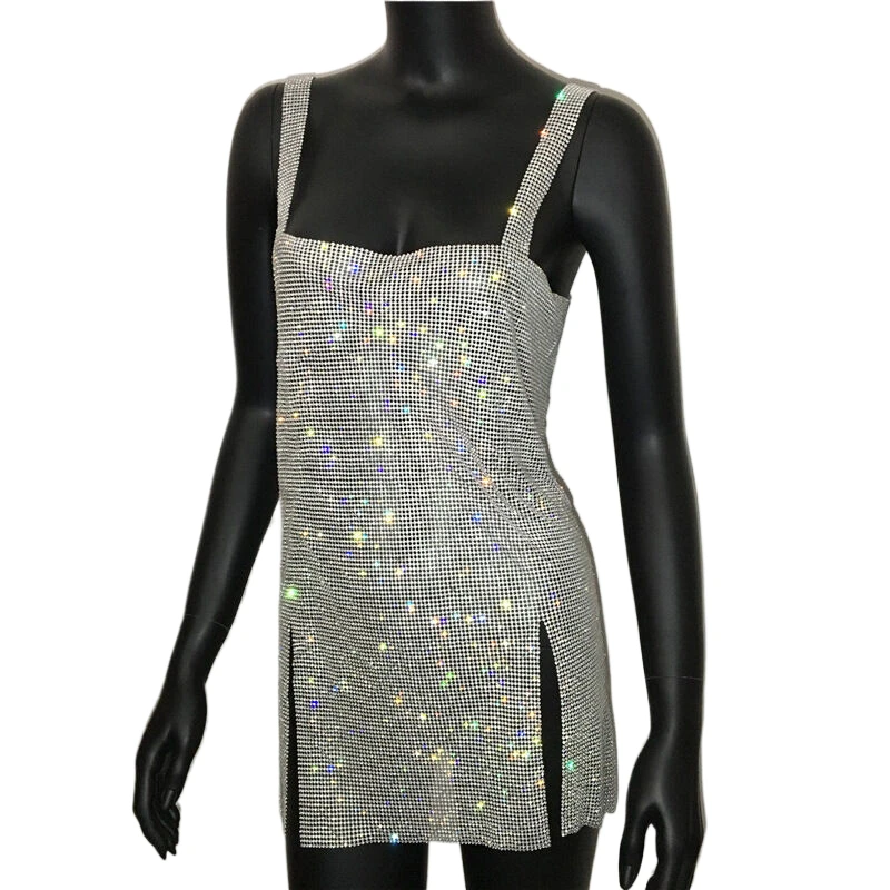 Glitzerndes Strass-Mesh-Minikleid für Damen – Sexy, geschlitztes, ärmelloses, rückenfreies Bodycon-Kleid für Club, Party und Abend – Neu 2026 – Bodycon-Nachtkleid – Detail 11