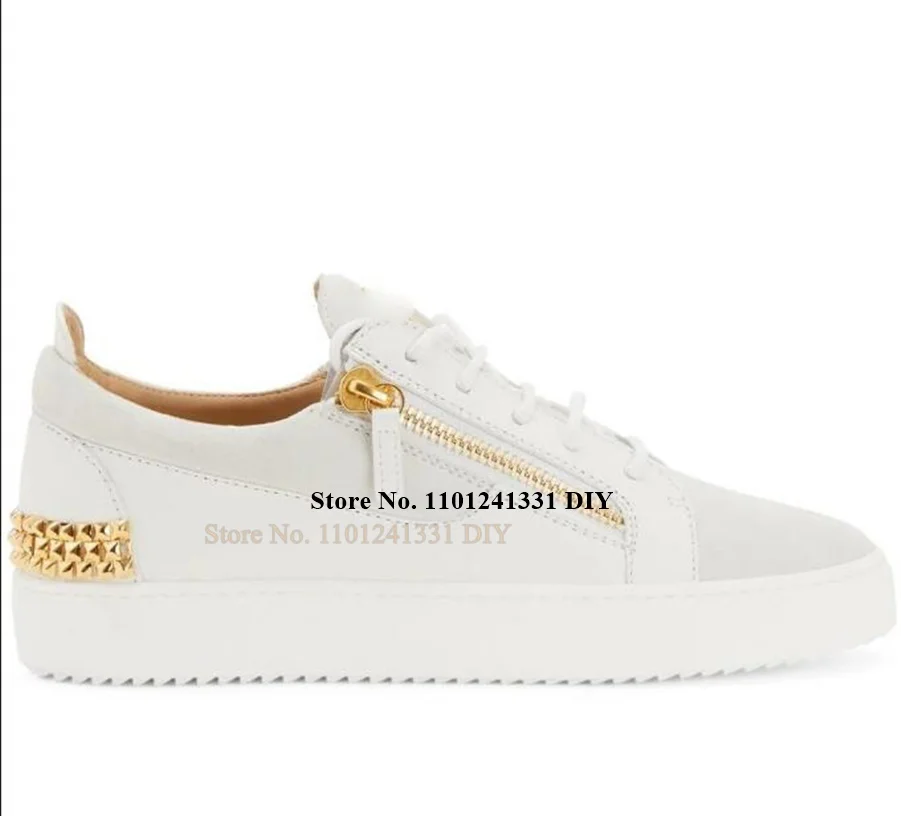 White Leather Shoes Studded Low Top Sneakers Men Casual Shoes Side Zipper Gold Tone Board Zapatillas Chaussure Man\'s Shoes Flats