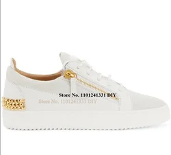 White Leather Shoes Studded Low Top Sneakers Men Casual Shoes Side Zipper Gold Tone Board Zapatillas Chaussure Man's Shoes Flats