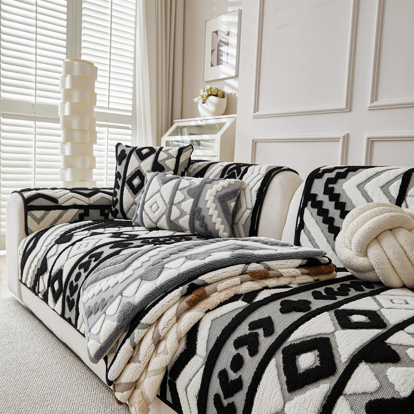 1PC Thick Plush 3D Geometric Sofa Cover Non-Slip Winter Couch Slipcovers Living Room Furniture Protection Decorative Mat Pad