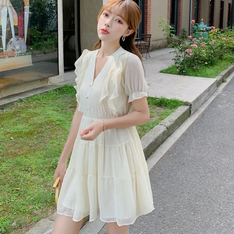 

French Romantic V-neck Solid Ruffle Short Sleeve Chiffon Dress Women Summer Empire Elastic Waist Hotsweet Knee-length Dresses