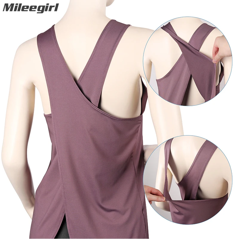 Mileegirl Cross Back Gym Top Women\'s Fitness Shirt Sleeveless Quick Dry Sports Yoga Vest Crop Top Workout Tops for Women