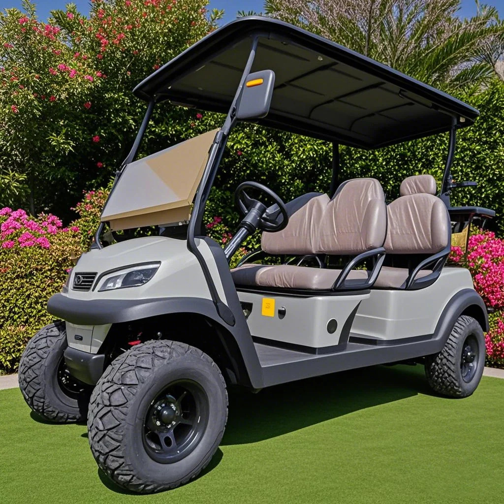

2025 Универсальный автомобиль 2, 4, 6-местный автомобиль для гольфа с литиевой батареей и 14-дюймовой внедорожной шиной, крыша, окружающий свет, бампер и передняя корзина