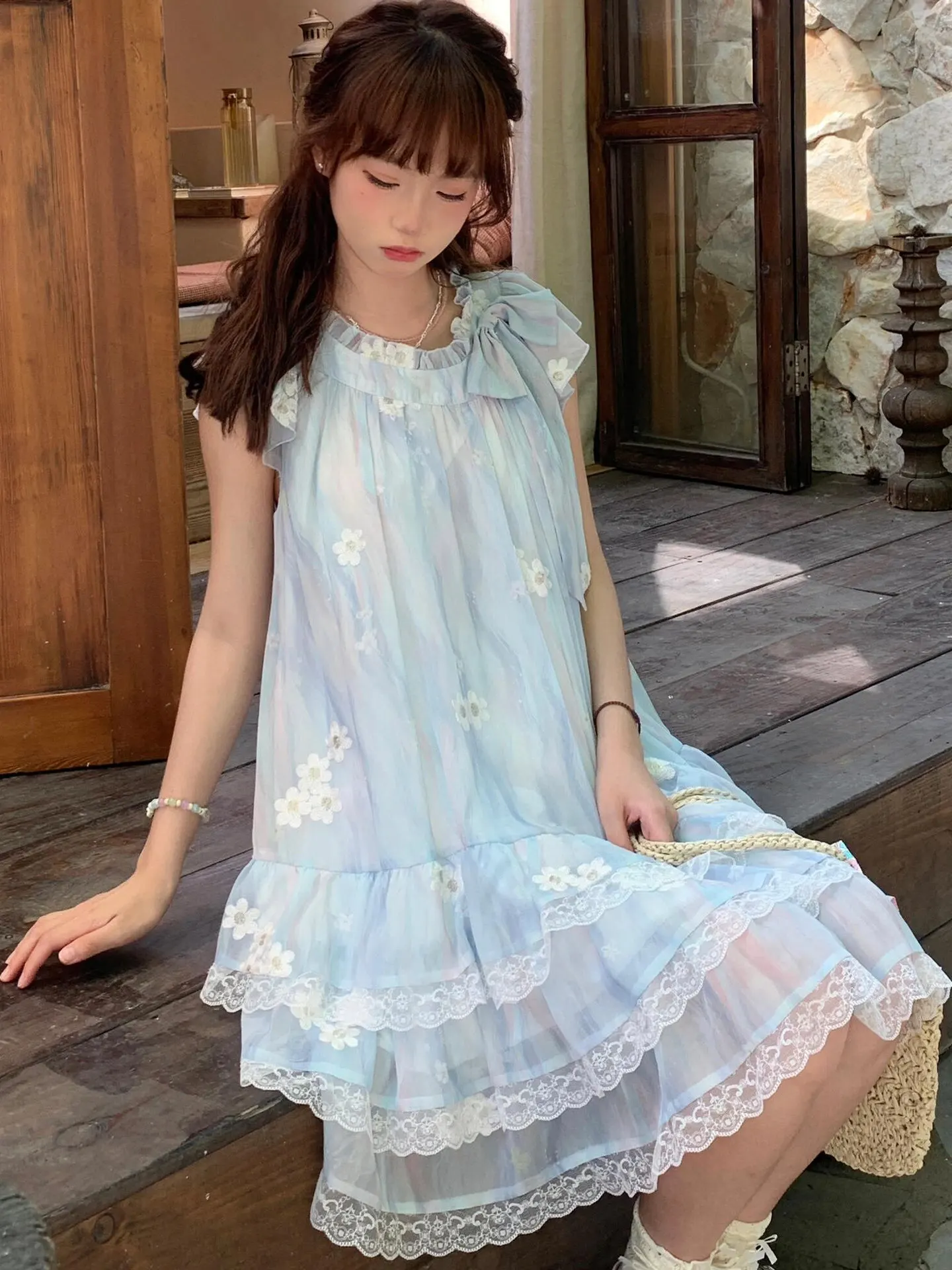 Bleu imprimé fleuri coupe ample été Dr femmes 2025 nouveau Sle petite taille Agel Svel Princ robe noeud