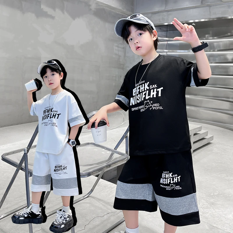 

Big Kids Luxury Clothing Cotton T-shirt Shorts Summer Outfit Set for Teenage Boys High Quality Tracksuit Suit Child Age 7-16 T