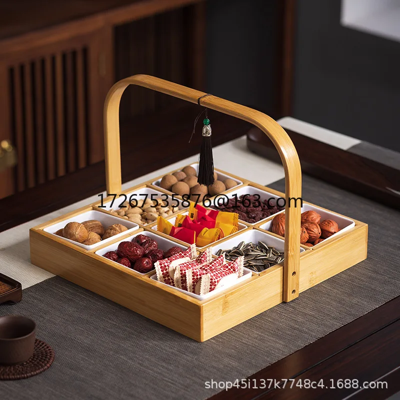 

Jiugongge Fruit Tray Grid Tray Candy Nut Melon Seed Platter Guochaofeng Bamboo New Chinese Style