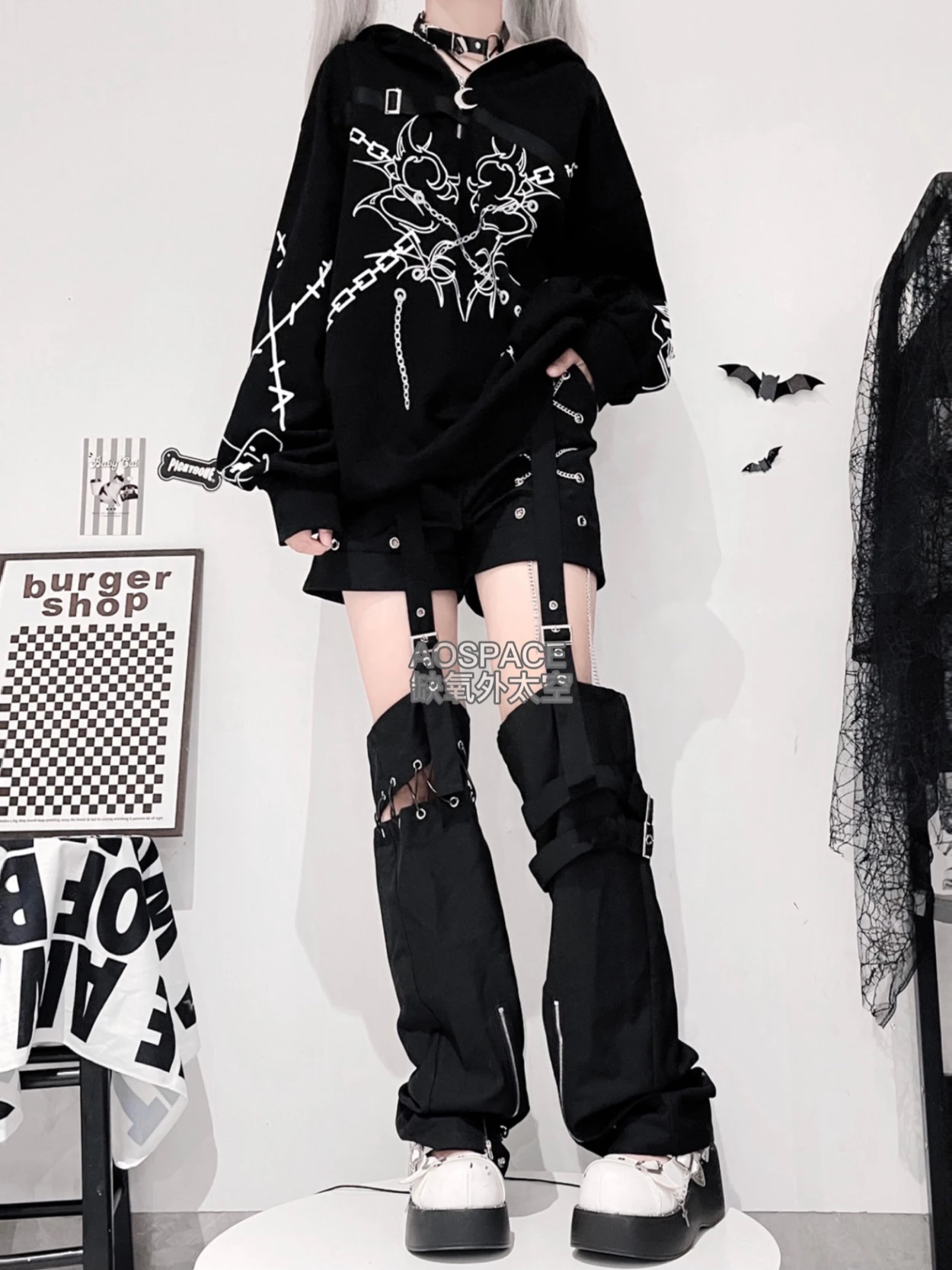 Original Subculture Black Sweet Cool Hooded Hoodies Autumn and Winter New Student Gothic Punk Street Clothing Y2k Printing Top