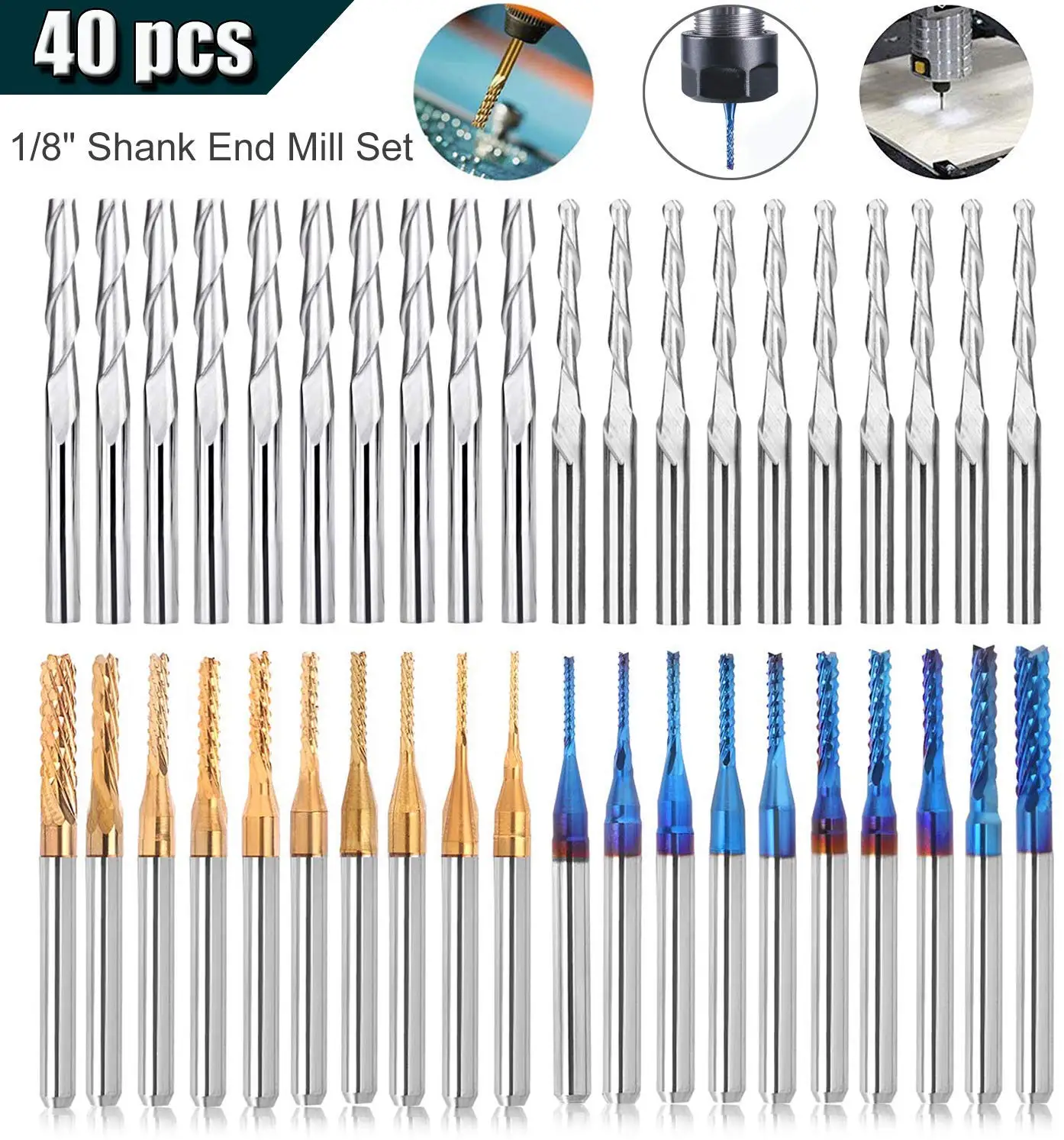 40pcs CNC Woodworking Tools Titanium Coat End Mill 3.175mm Nano Blue Coat Milling Cutter Wood Engraving Bits for cnc 3018 1610.