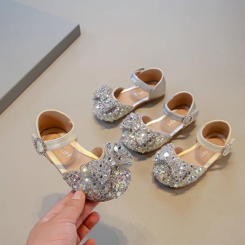 

Spring Autumn New Girls Half Sandals Baby Girl Bow Princess Shoes Girl Sequins Dance School Student Loafer