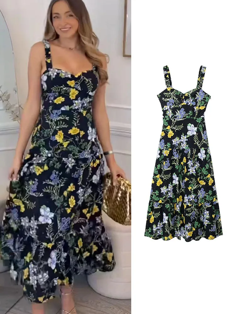 Fashion Women Embroidery Hollow Out Midi Strap Dress 2024 Summer Elegant Sleeveless Backless Dress Side Zipper Beach Party Dress