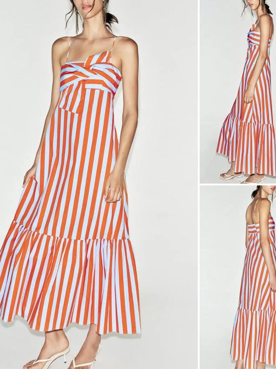 Casual Chic Striped Straight Collar Layered Strap Dress Color Block French Style Soft Georgette Sleeveless Tailored Fit Dress