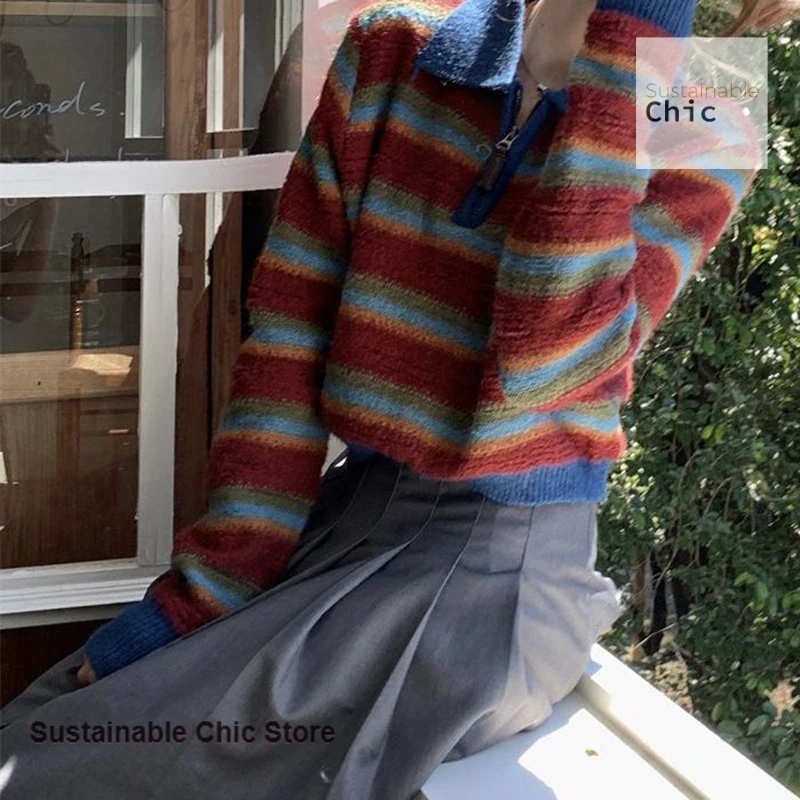 American retro striped zipper polo neck knit bottoming shirt women's autumn and winter fashion niche chic unique pullover. 4