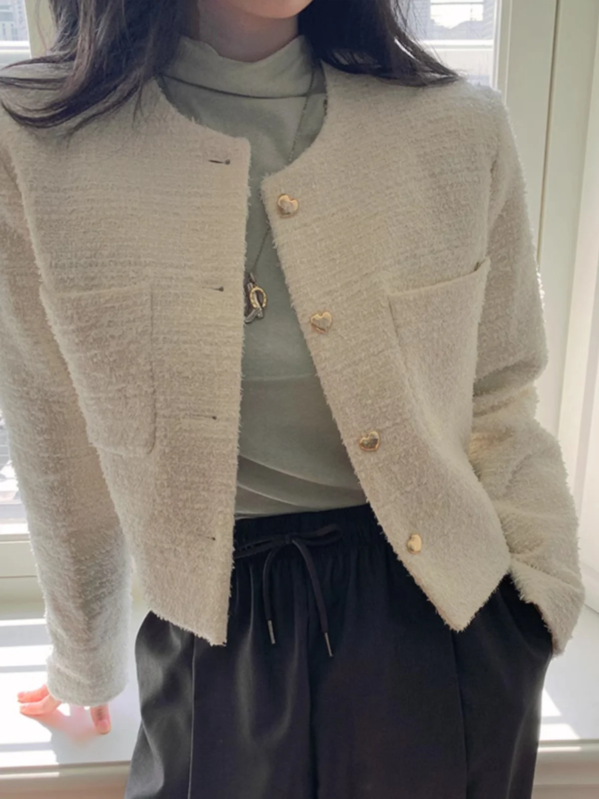 

Ele ort Svel Women's Outerwear Spring Autumn New Sle Sle Coarse Tweed round Ne Button up Casual Top
