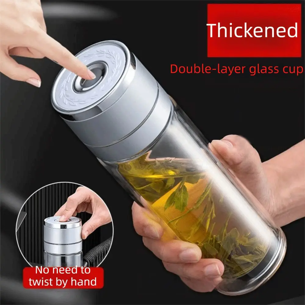 Double Anti-Scald Glass Water Cup Borosilicate Glass One Click Opening Infuser Tumbler High Temperature Resistant