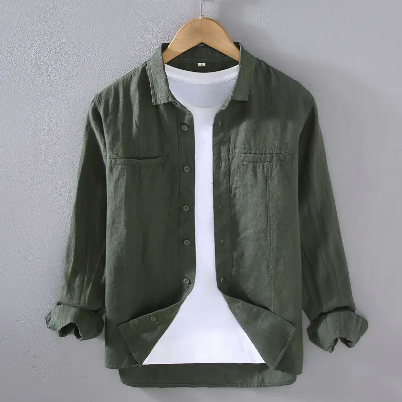 

2025 Summer New Men Long-sleeved Shirts Loose Solid Color Simple Casual Versatile Handsome Handsome Trendy Shirt