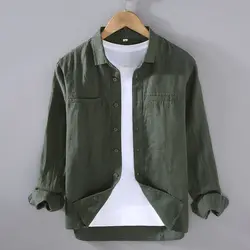 2025 Summer New Men Long-sleeved Shirts Loose Solid Color Simple Casual Versatile Handsome Handsome Trendy Shirt