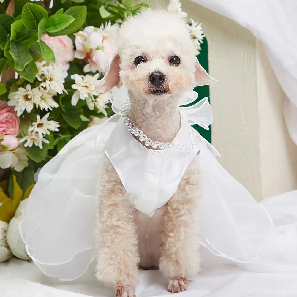 White Dog Princess Dress with Bowknot Luxury Skirt Formal Party Birthday Wedding Dresses Bride Costume for Small Medium Dogs