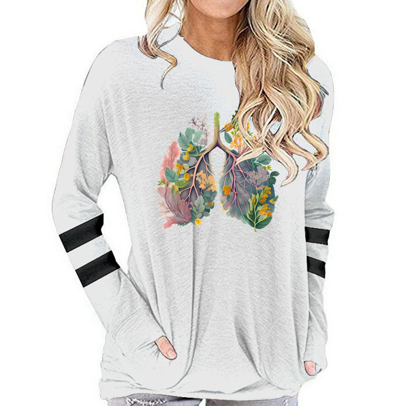 Long Sleeve Cotton T-shirt Women's Floral Heart Graphics Autumn New T Shirts Plant Style Heart  Trend Loose Streetwear Tshirt
