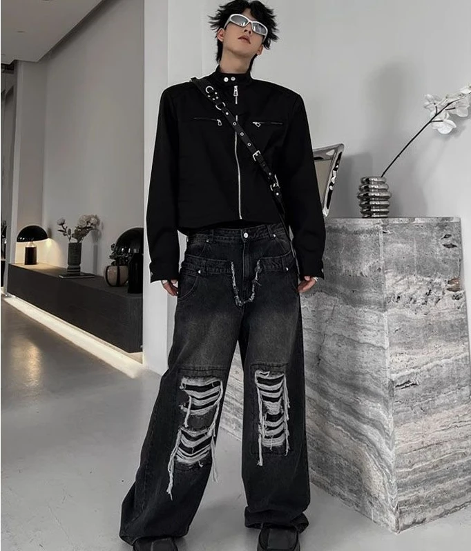 American niche trend high-end shoulder padded jacket men niche design double waist ripped high street Harajuku style jeans y2k