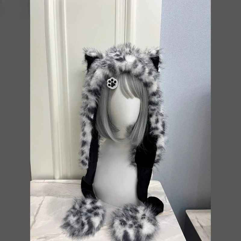 Furry Fluffy Women Snow Leopard Ear Warm Hat Outdoor Wind‑Resistant Ear Protection Cap Autumn Winter Headwear
