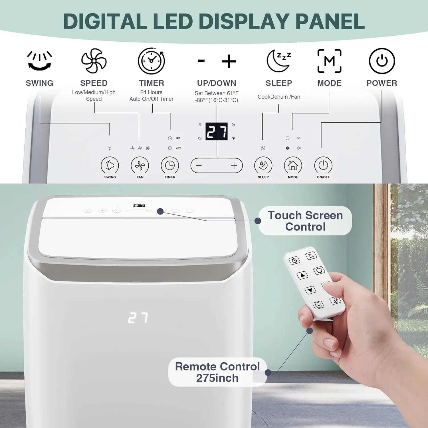 Climatiseurs de chambre portables, unité AC portable 12,000 BTU avec ventilateur à plusieurs vitesses, mode aquarelle, filtre lavable facile à nettoyer