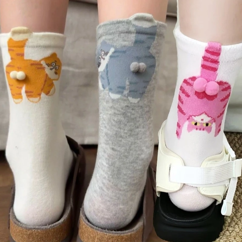 

Cute 3D Cat Socks with Balls Funny Cotton Socks Breathable Soft Cotton Socks Girl Women Middle Sock Novelty Gifts for Cat Lovers
