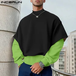 INCERUN 2024 New Men's Stylish Tops Spliced Fake Two-piece Solid Pullover Handsome Male City Walk Long Sleeved Sweatshirts S-5XL
