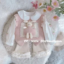 Girls Spring and Autumn Set 2024 New Cute Knitted Vest Doll Collar Shirt Versatile Pants 3-Piece Set for Baby Girls Kids Outfits