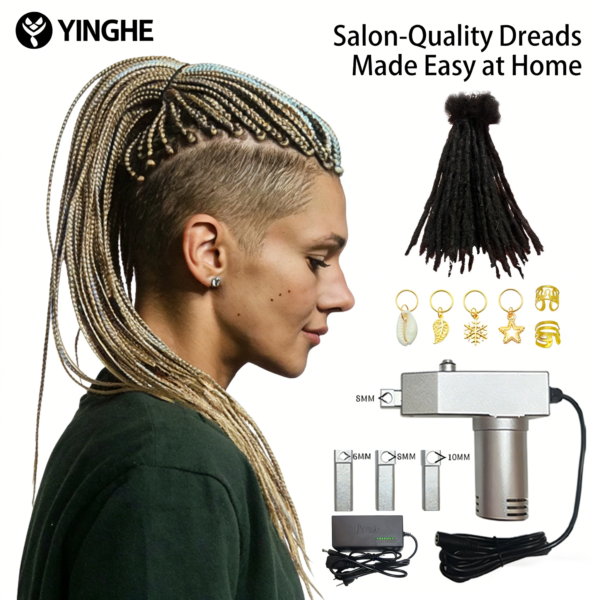 2026 New Electric Braiding Tool - Portable Dreadlock Crochet Machine With 6/8/10/12/14/16mm Heads For Versatile Hair Styling