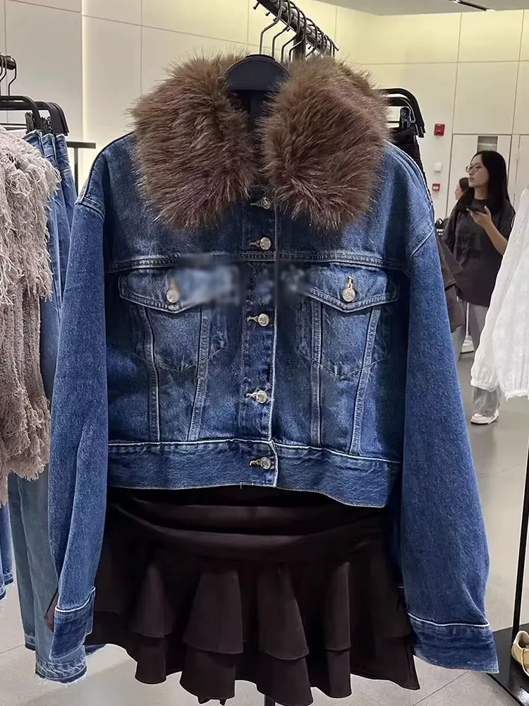 معطف نسائي من قماش الدنيم لخريف 2025 جاكيت منفوخ بأكمام طويلة وجيب وياقة من الفرو معطف قصير Chaqueta Ropa De Mujer ملابس خارجية للشارع #2
