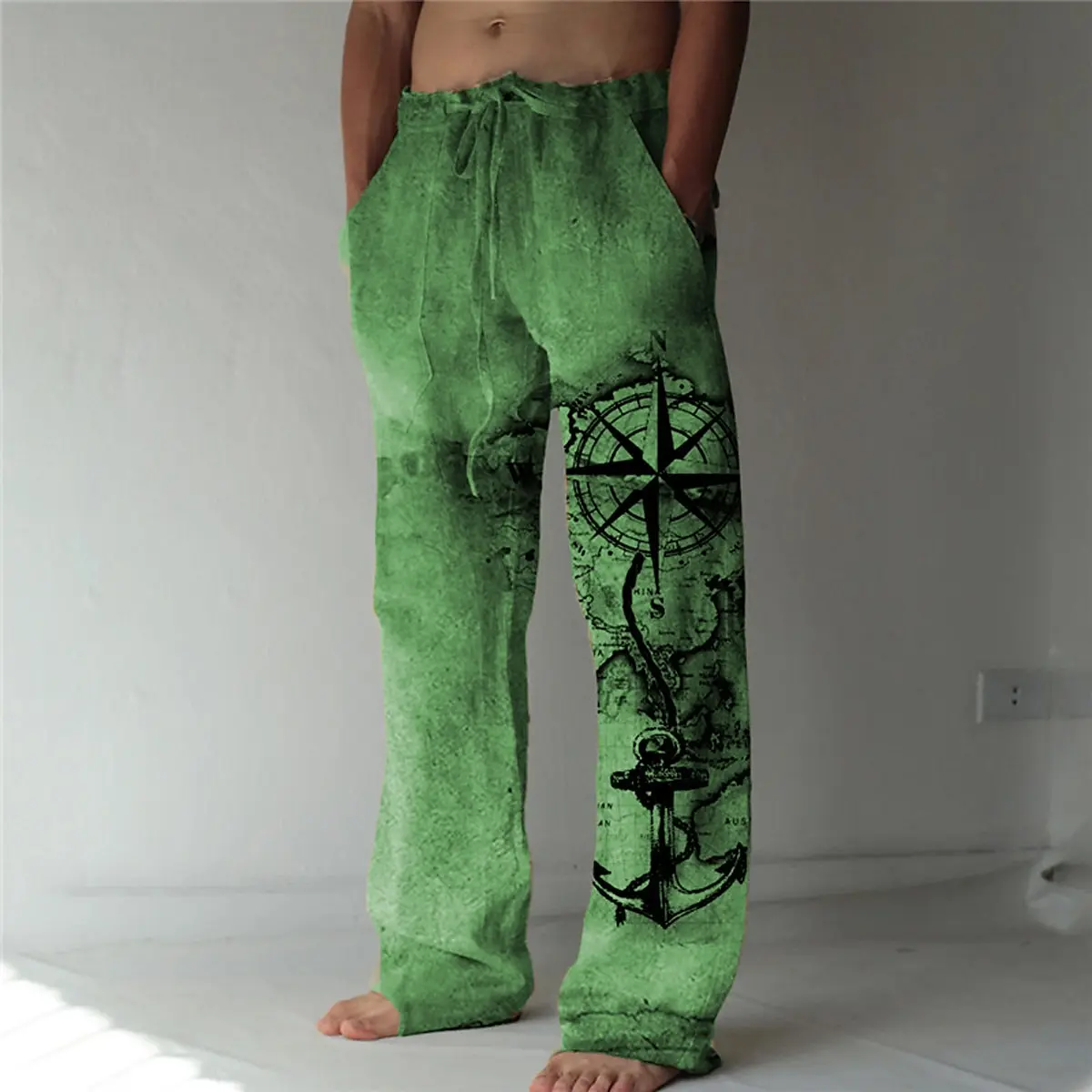 2026 Fall Men's Retro Compass Art Pants Trousers Mid Waist Drawstring Elastic Waist Casual Outdoor Wide-leg Trousers For Mens