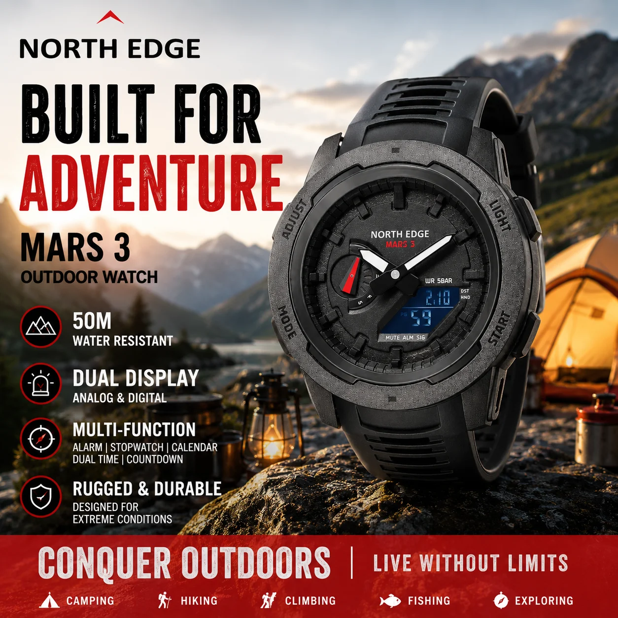 2026 NORTH EDGE Mars 3 Men Digital Watch Outdoor Sports Waterproof 50M Watches World Time Countdown Electronic LED Wristwatch