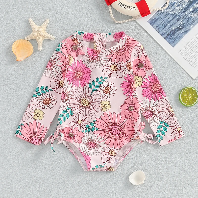 

Toddler Girls Rash Guard Swimsuit Romper Kids Long Sleeve Flower Print Baby Tie-Up Bathing Suit Swimwear