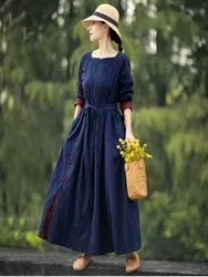 NYFS 2024 Autumn New Vintage Womens Dresses Vestidos Robe Ete Femme Elbise Long Sleeve Solid Loose Cotton Linen Long Dress