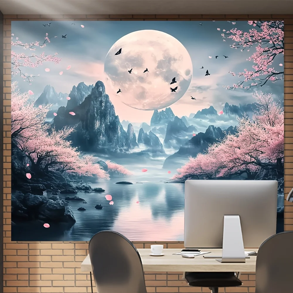 قطعة واحدة من نسيج جبل ساكورا والقمر للفصول الأربعة، قماش بوليستر، قابل للغسل في الغسالة، رائع لتزيين المكاتب المنزلية