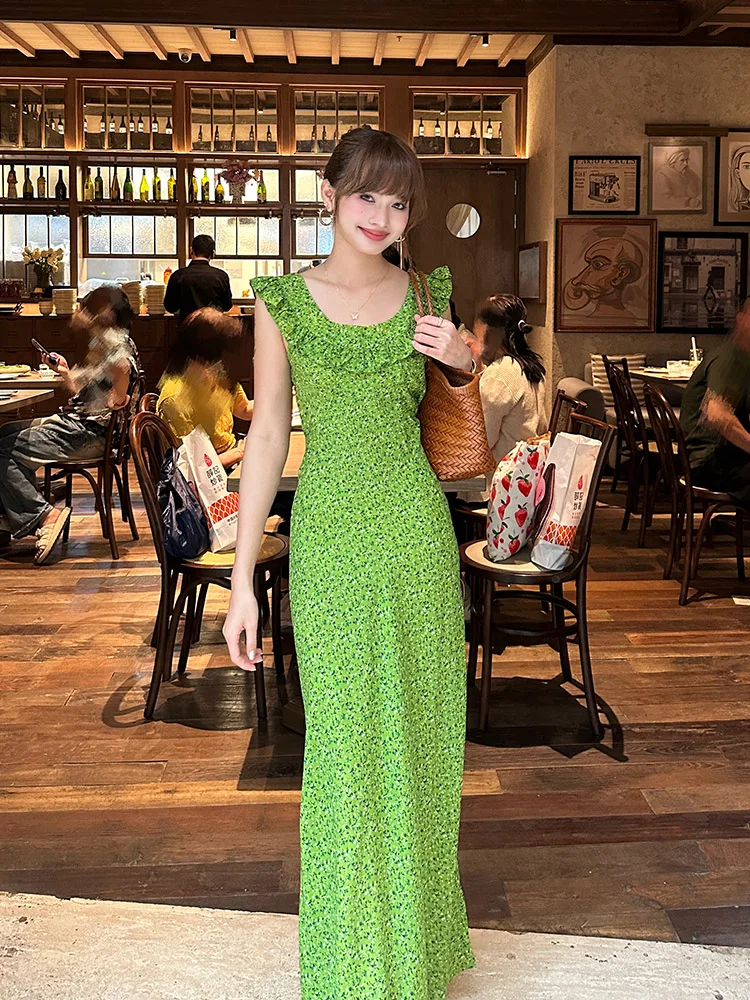 

Новое летнее женское шелковое платье с цветочным принтом, без рукавов, с завышенной талией, длинное, А-силуэт, с V-образным вырезом, в китайском стиле