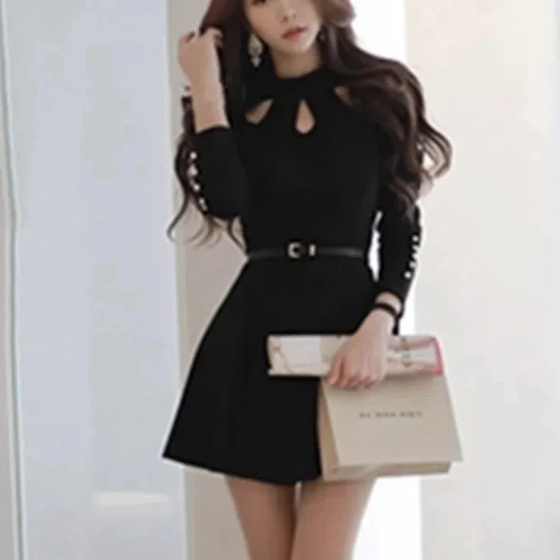 2024 Spring Summer New Korean Women\'s Splicing O-Neck Hollow Out Button Fashion Solid Color Slimming Sexy Long Sleeve Dresses