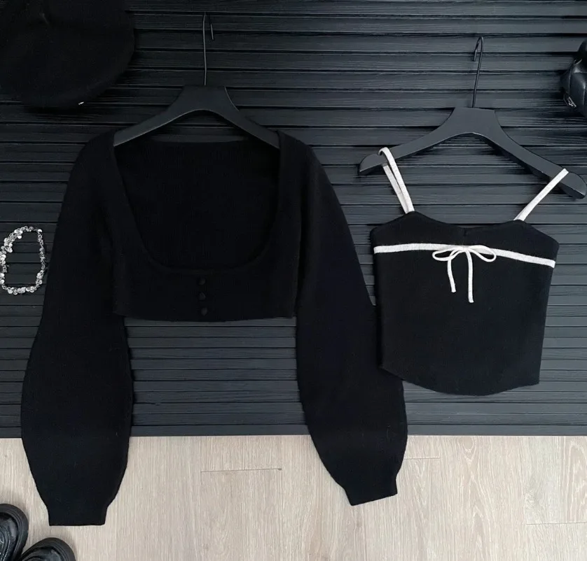 سترة نسائية جديدة من Shoujo Gir مكونة من قطعتين سترة قصيرة بأكمام طويلة ملابس تريكو محبوبة 2000s كورية Gyaru Old Money Mori