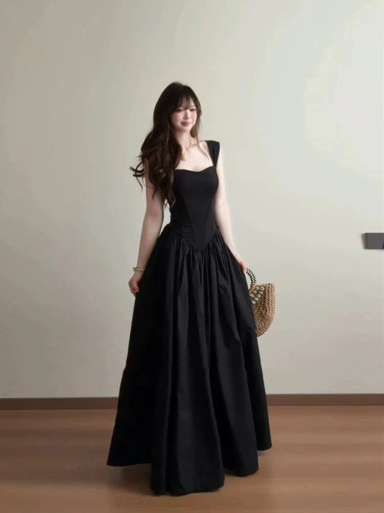 

XZY Hepburn Style plus Size Black Fishbone Strap Dress Women's Summer Waist Cinched Gown Long Skirt French Style A-Line Dress