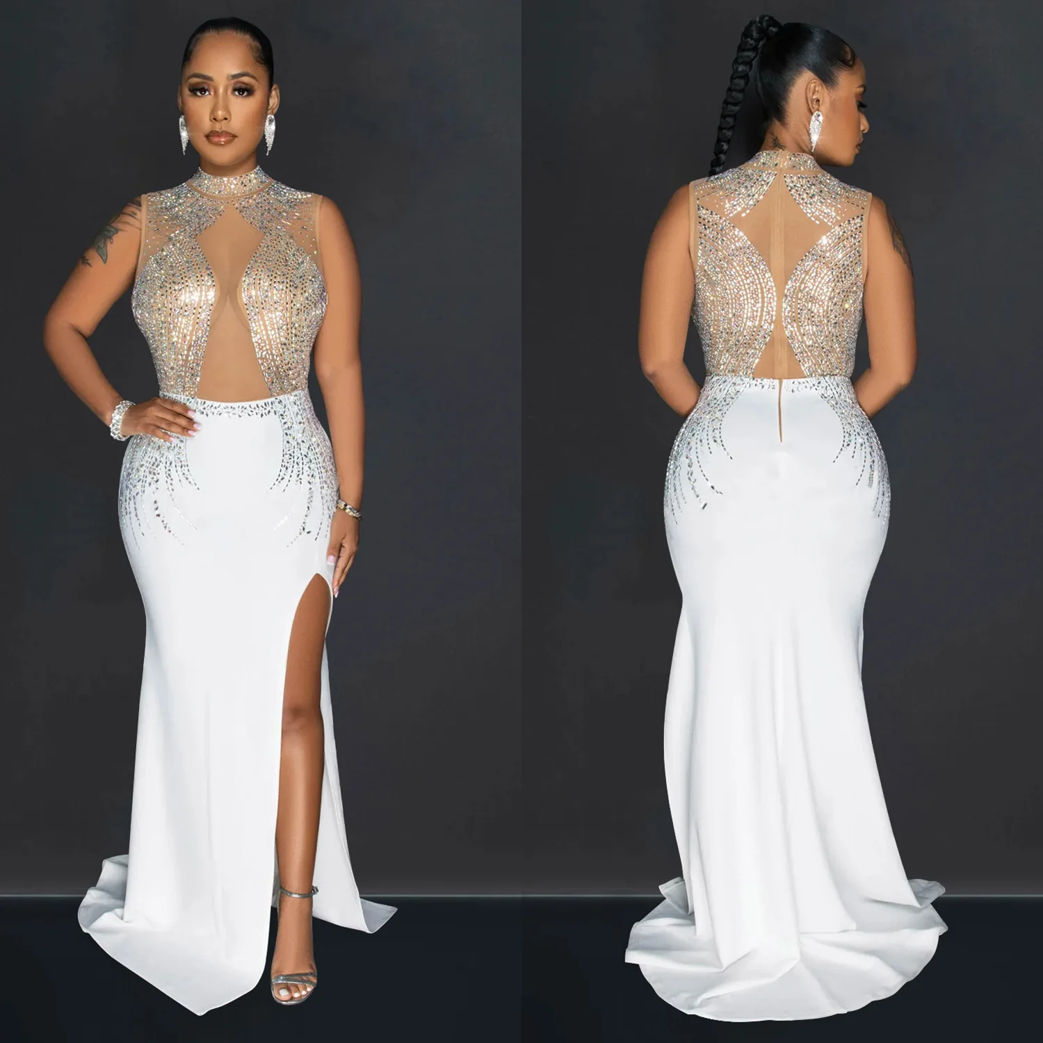 Women's 2026 temperament Fashion Sleeveless Hot Diamond Perspective Mesh Dress  Elegant Style Wrapped Hip Long Dress Dresses