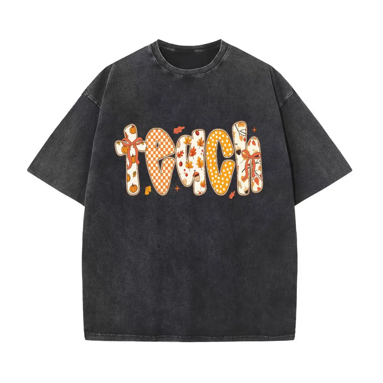 

Women Washed Oversized Teacher T-Shirt Autumn Pumpkin Maple Leaf Teach Graphic Tee Educator Appreciation Fall Holiday Gift Top